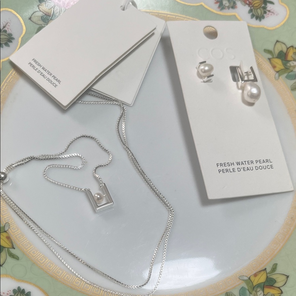 COS Silver-Tone Necklace and Freshwater Pearl Studs